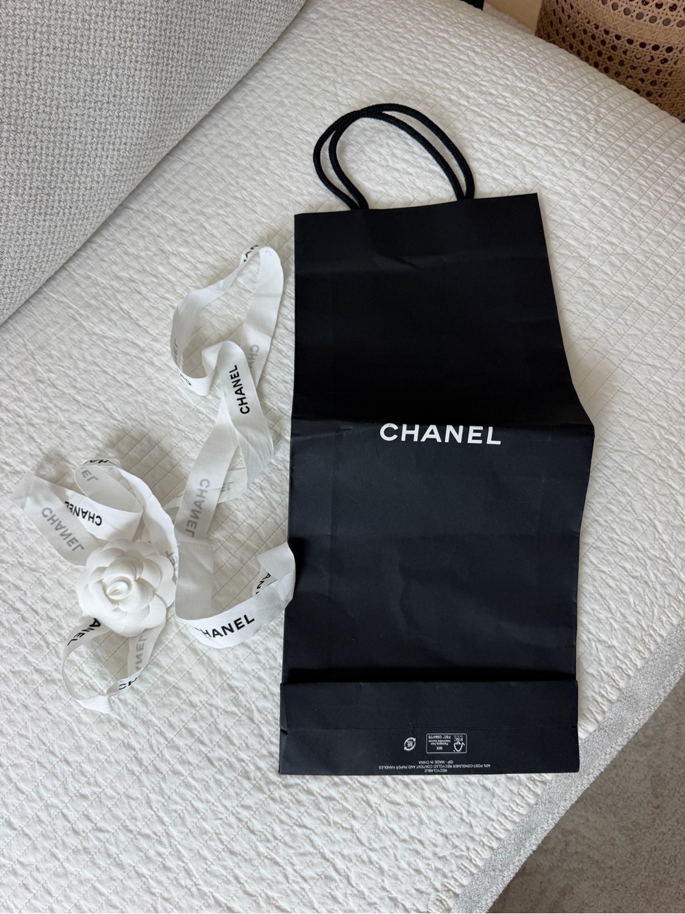 CHANEL Black Paper Gift Bag with White Logo and Ribbon